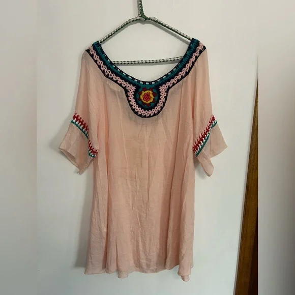 Beach By Exist Peach Embroidered Tunic with Multicolor Crochet Trim - Picture 3 of 5